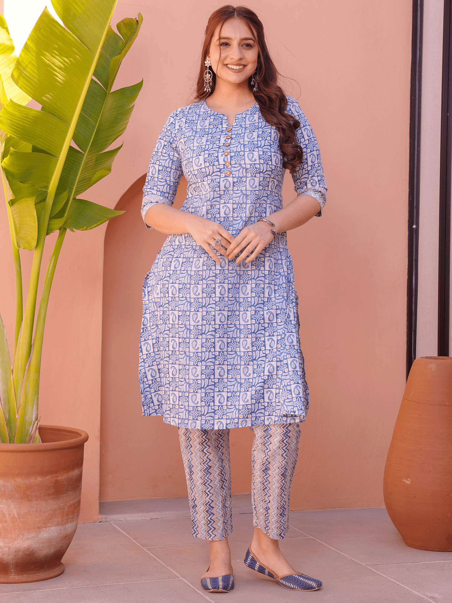 Soft Cotton Abstract A-line Blue Kurta