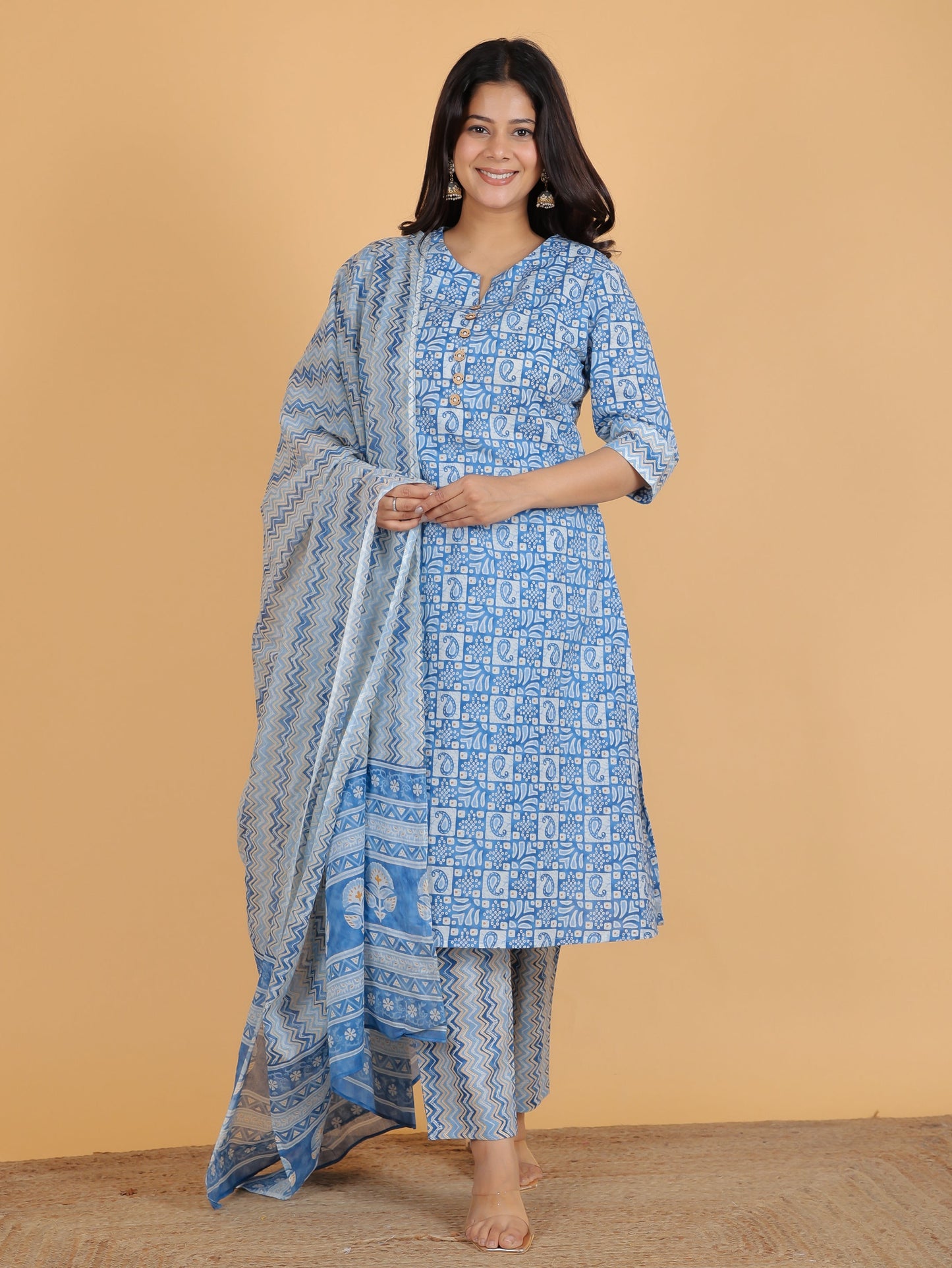 Soft Cotton Abstract A-line Blue Kurta
