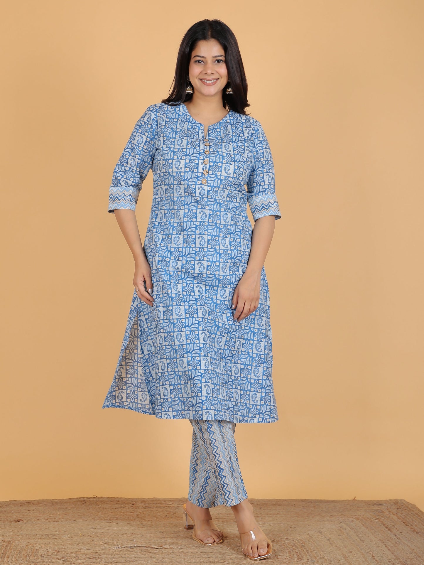 Soft Cotton Abstract A-line Blue Kurta