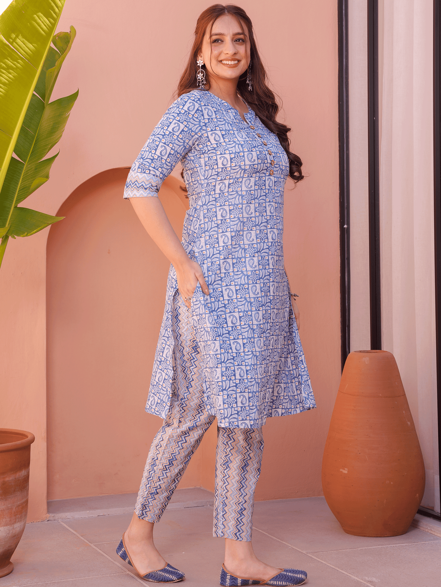 Soft Cotton Abstract A-line Blue Kurta