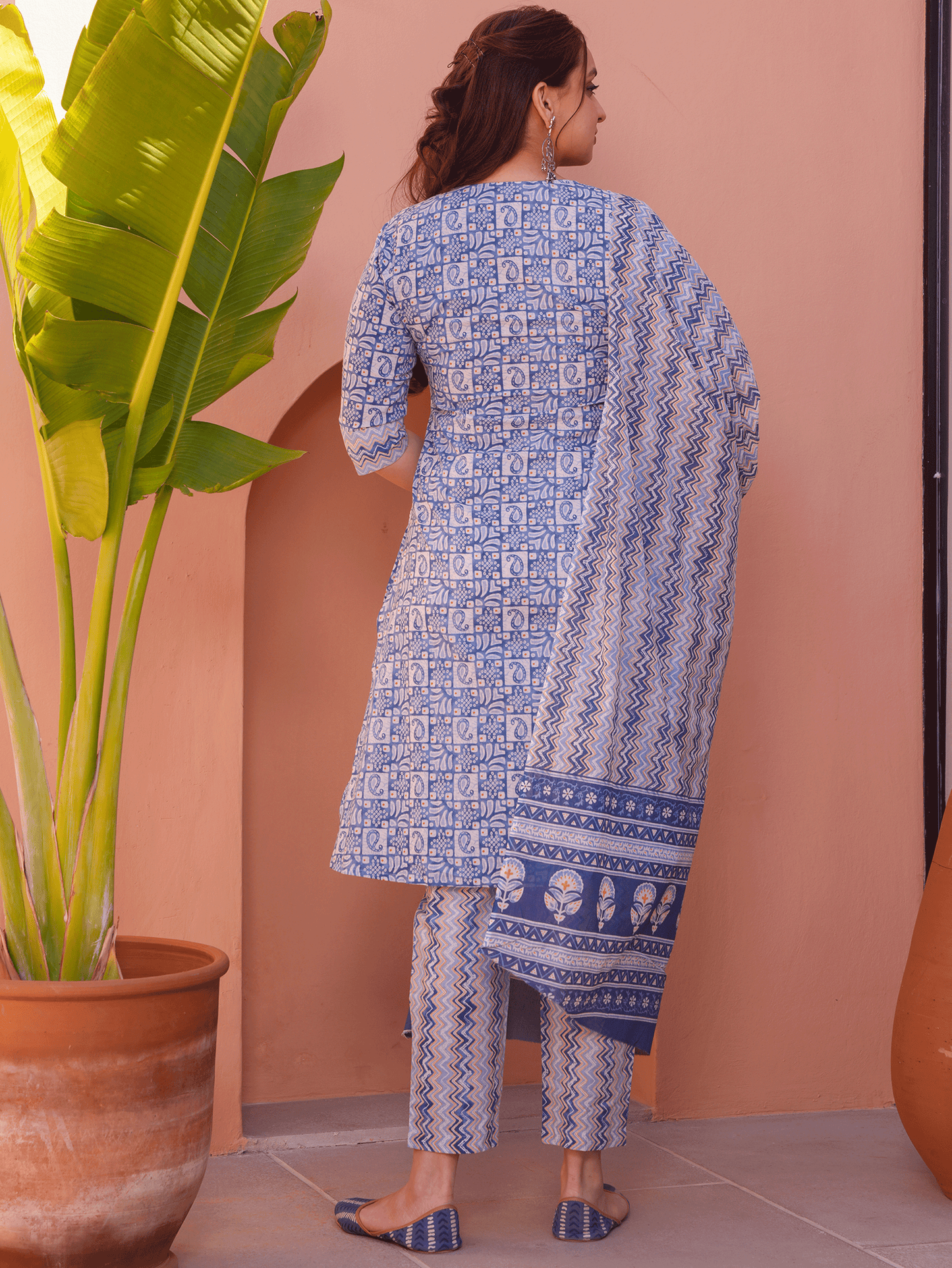 Soft Cotton Abstract A-line Blue Kurta