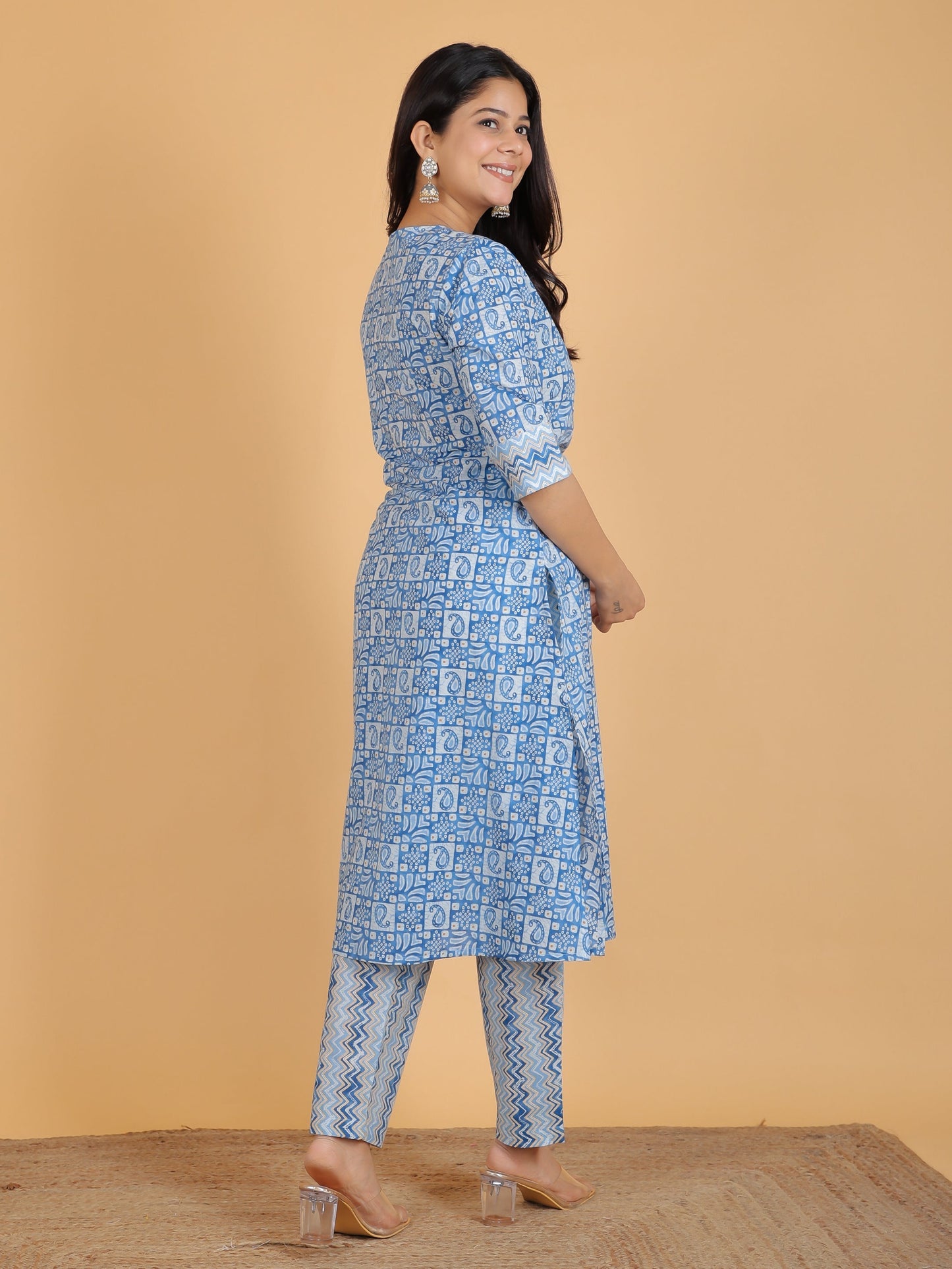 Soft Cotton Abstract A-line Blue Kurta