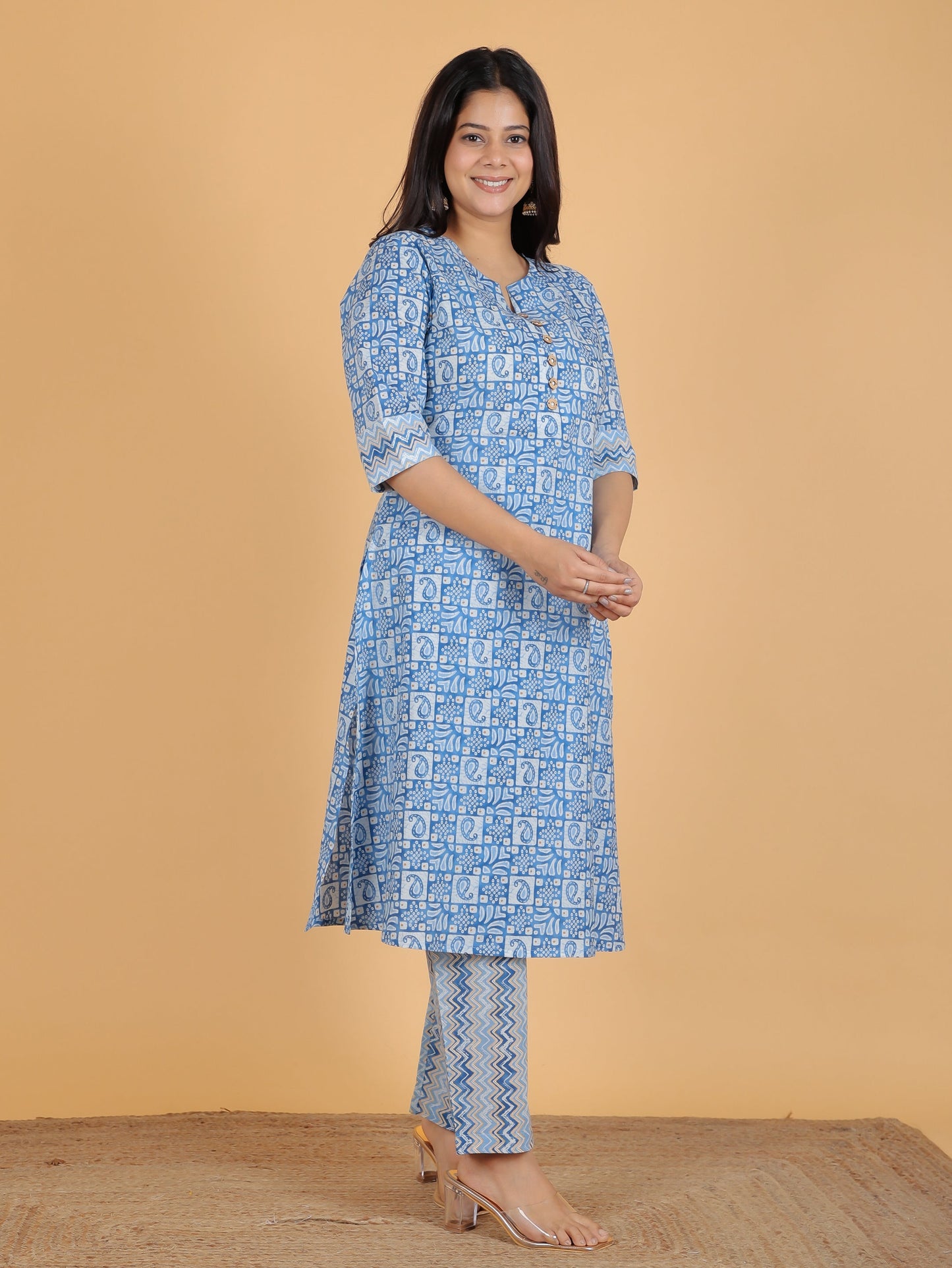 Soft Cotton Abstract A-line Blue Kurta