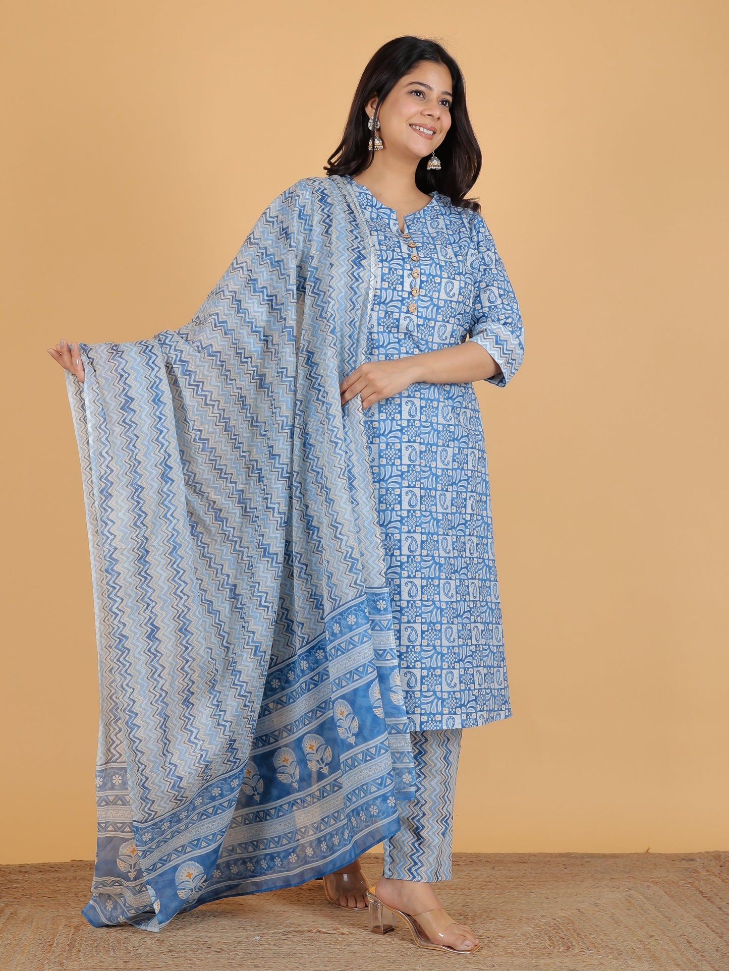 Soft Cotton Abstract A-line Blue Kurta
