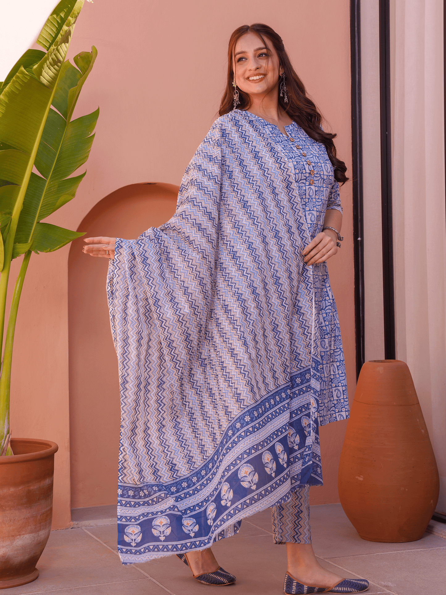 Soft Cotton Abstract A-line Blue Kurta