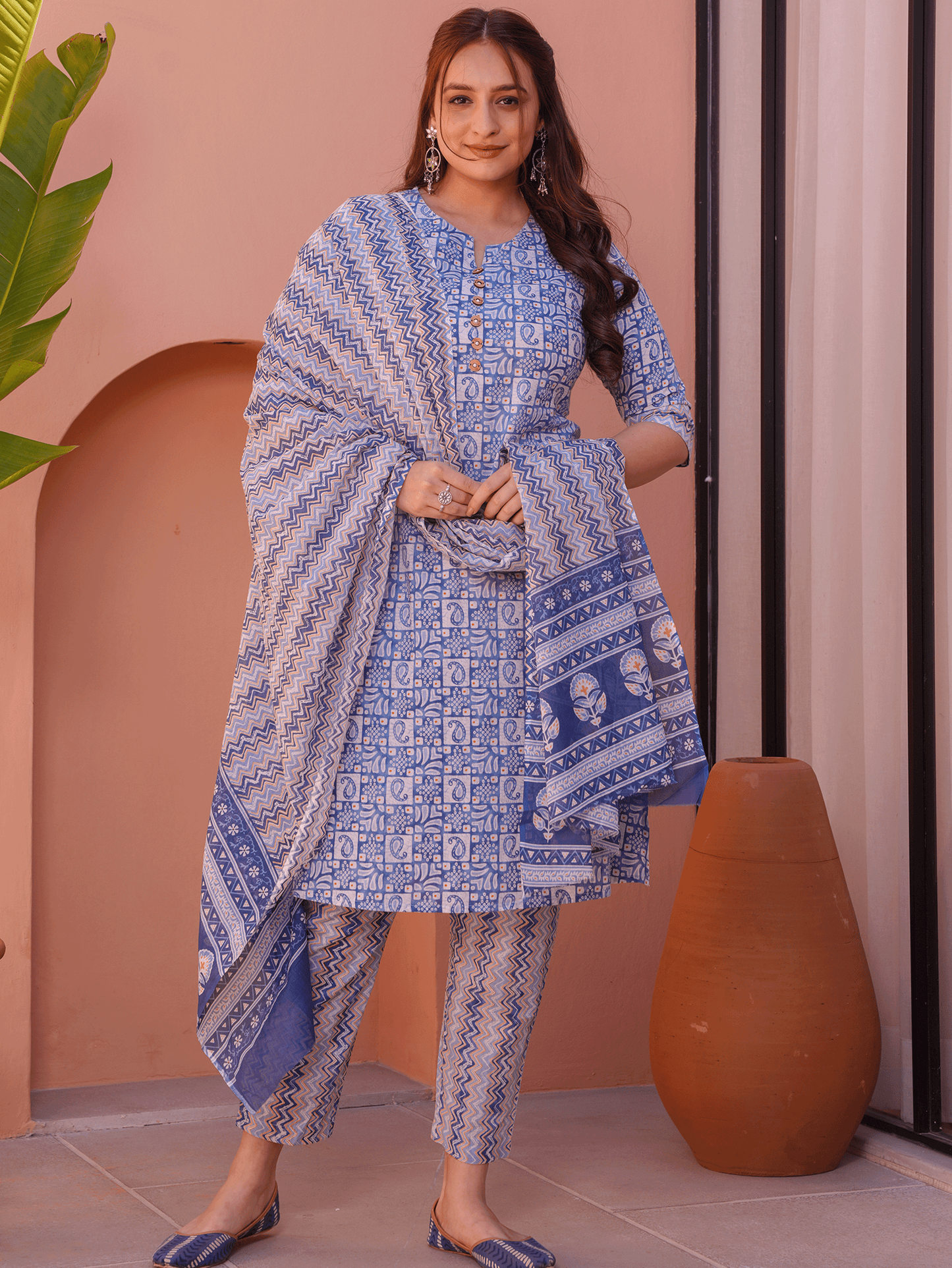 Soft Cotton Abstract A-line Blue Kurta