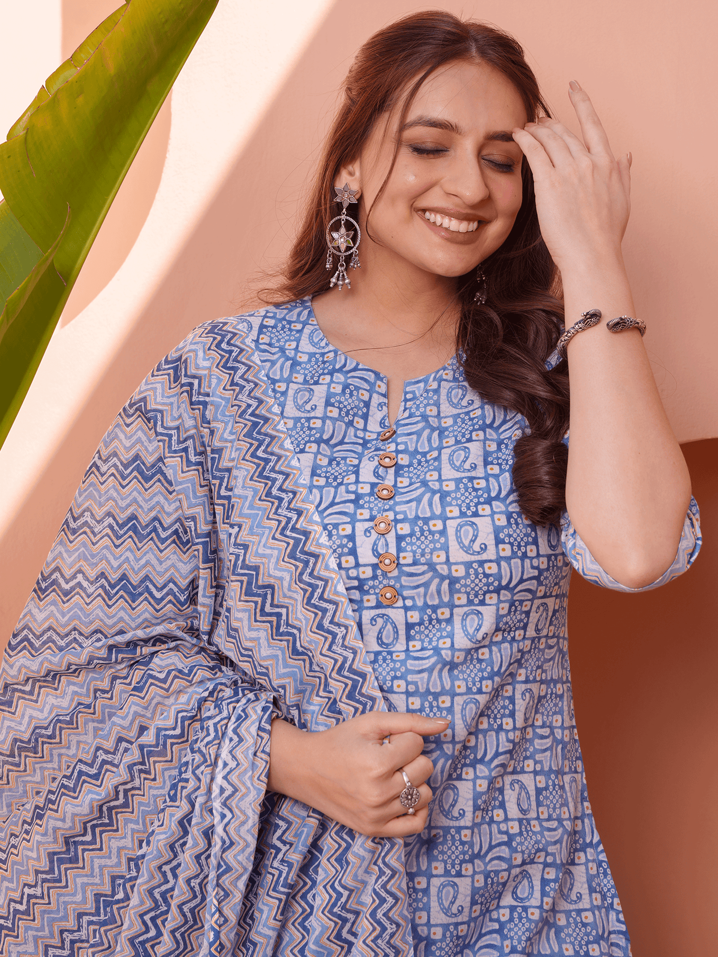Soft Cotton Abstract A-line Blue Kurta