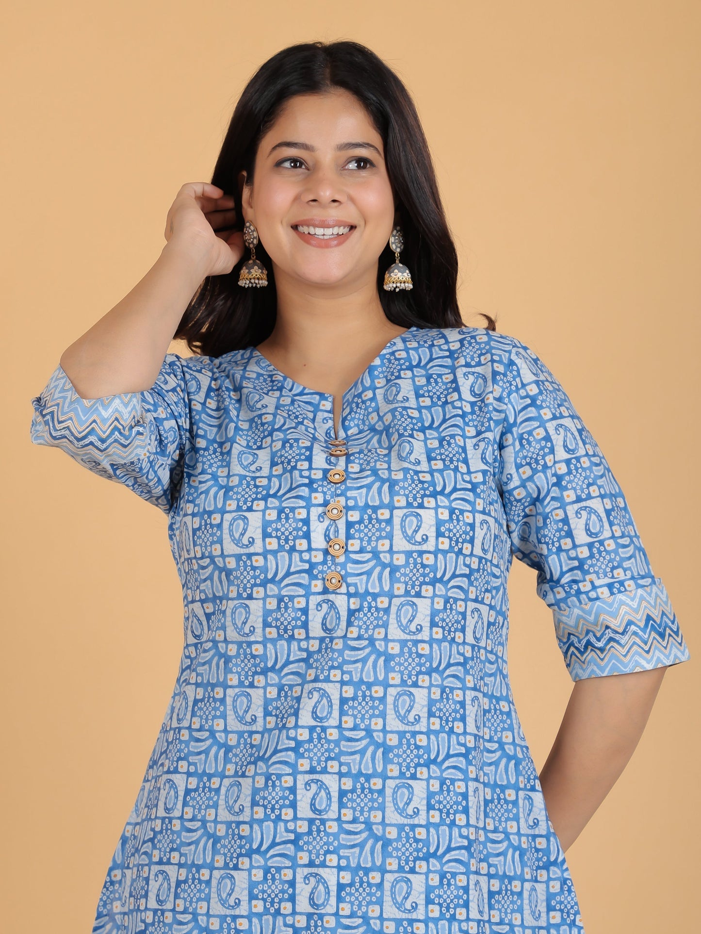 Soft Cotton Abstract A-line Blue Kurta