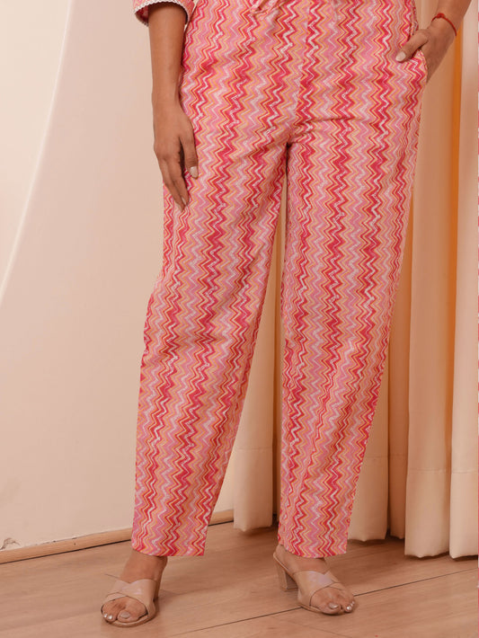 Soft Cotton Chevron Pink Tapered Trousers