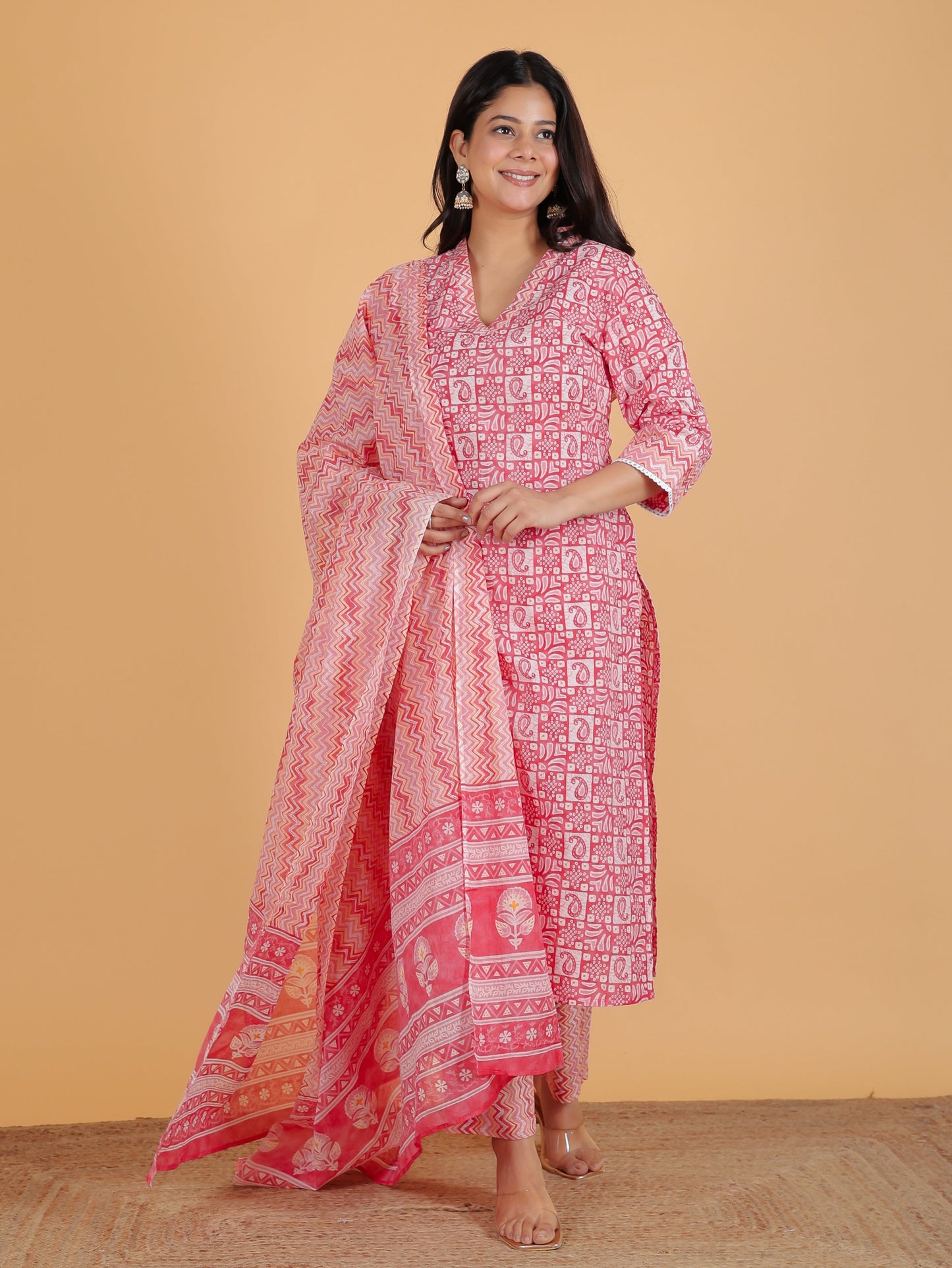 Soft Cotton Abstract Straight Pink Kurta
