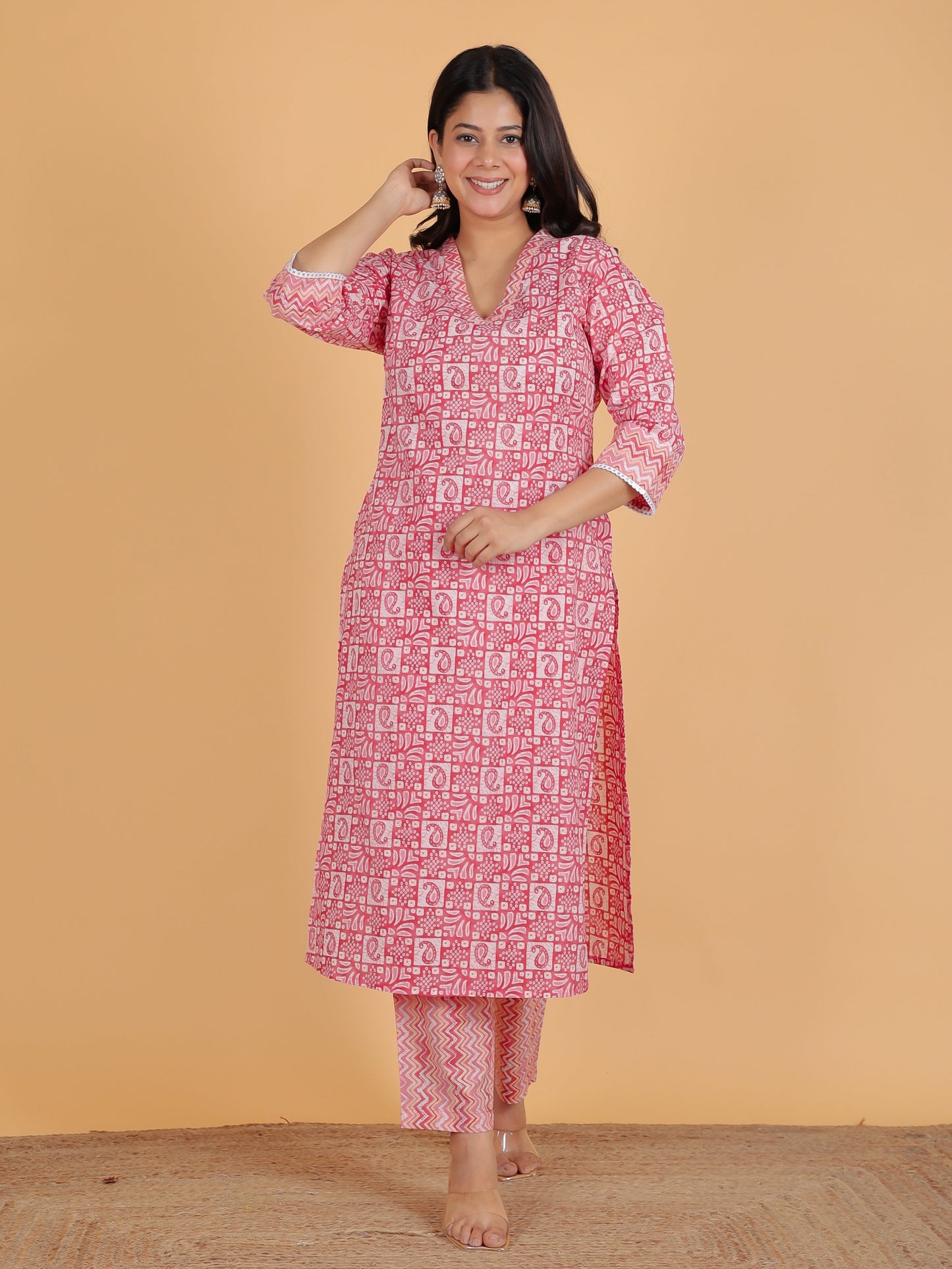 Soft Cotton Abstract Straight Pink Kurta