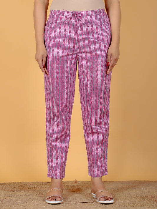 Soft Cotton Striped Purple Tapered Trousers