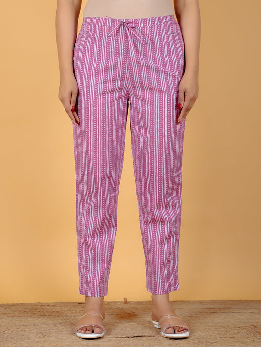 Soft Cotton Striped Purple Tapered Trousers