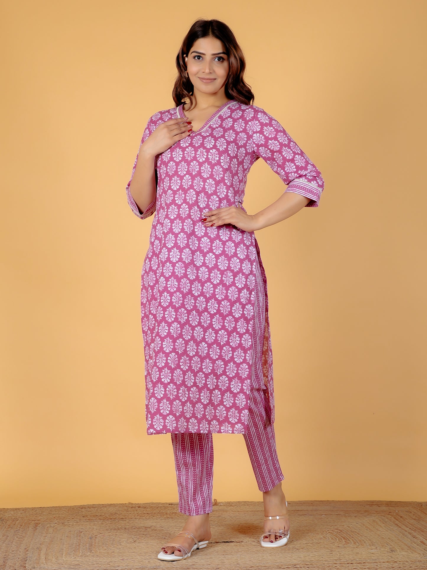Soft Cotton Floral Straight Purple Kurta