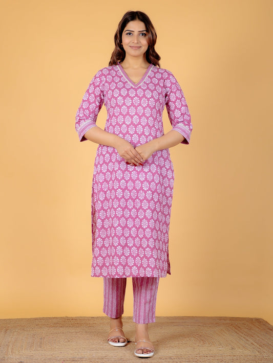 Soft Cotton Floral Straight Purple Kurta