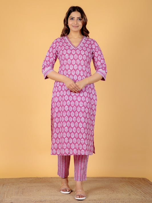 Soft Cotton Floral Straight Purple Kurta