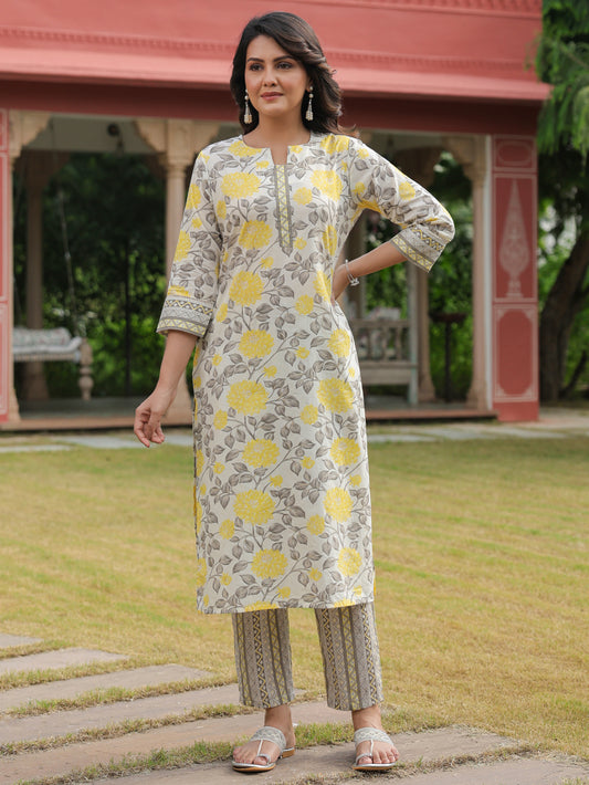 Soft Cotton Floral Straight Yellow Kurta