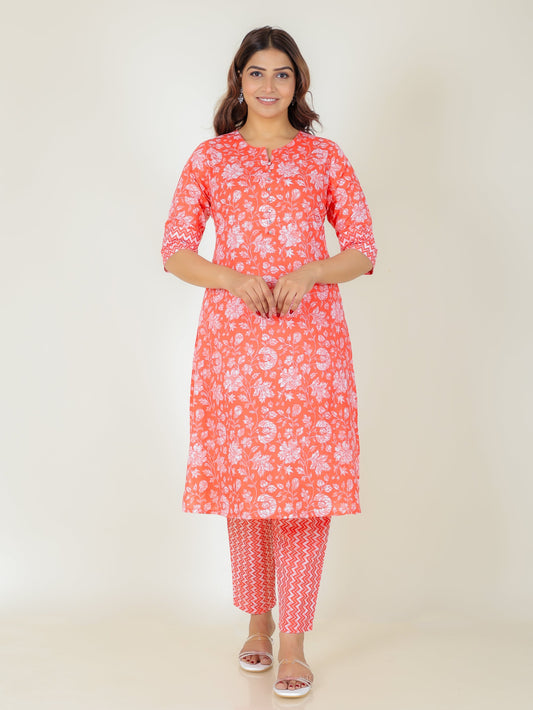 Soft Cotton Floral A-line Pink Kurta