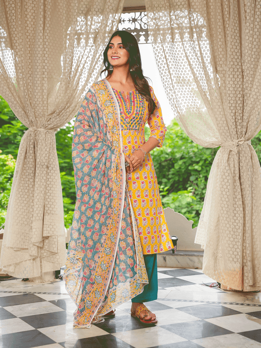 Voile Cotton Hand-Block Turquoise Dupatta