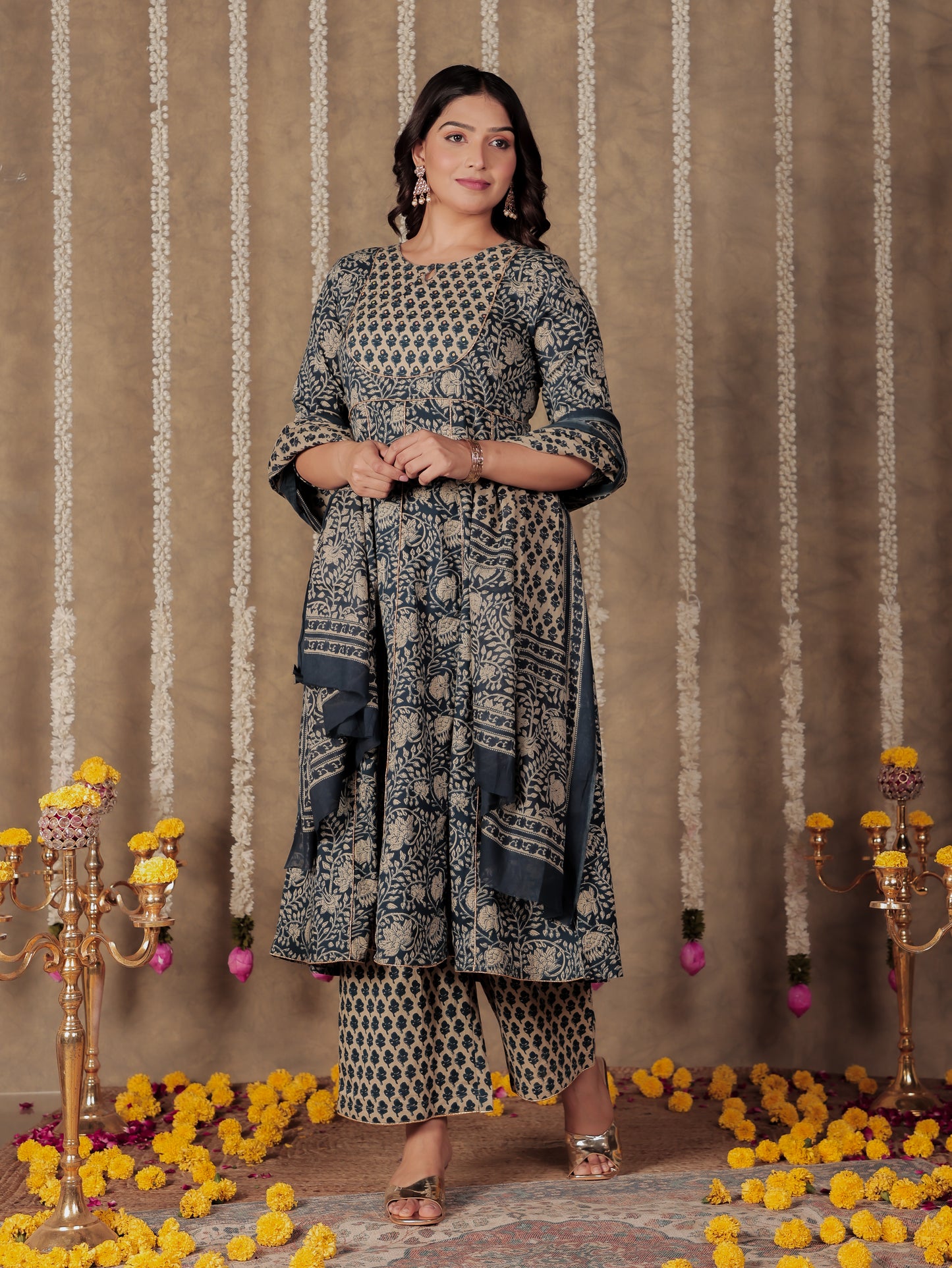 Soft Cotton Floral Anarkali Blue Kurta