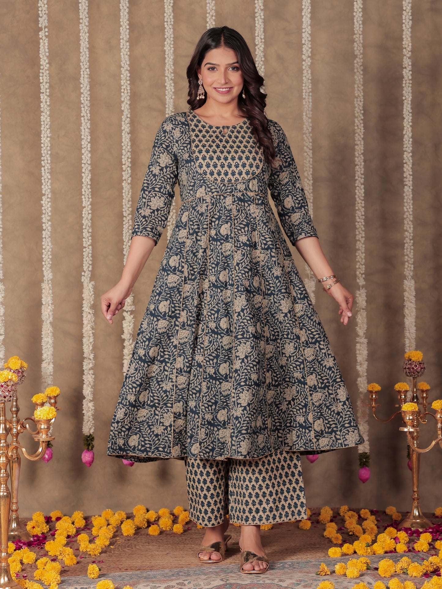 Soft Cotton Floral Anarkali Blue Kurta