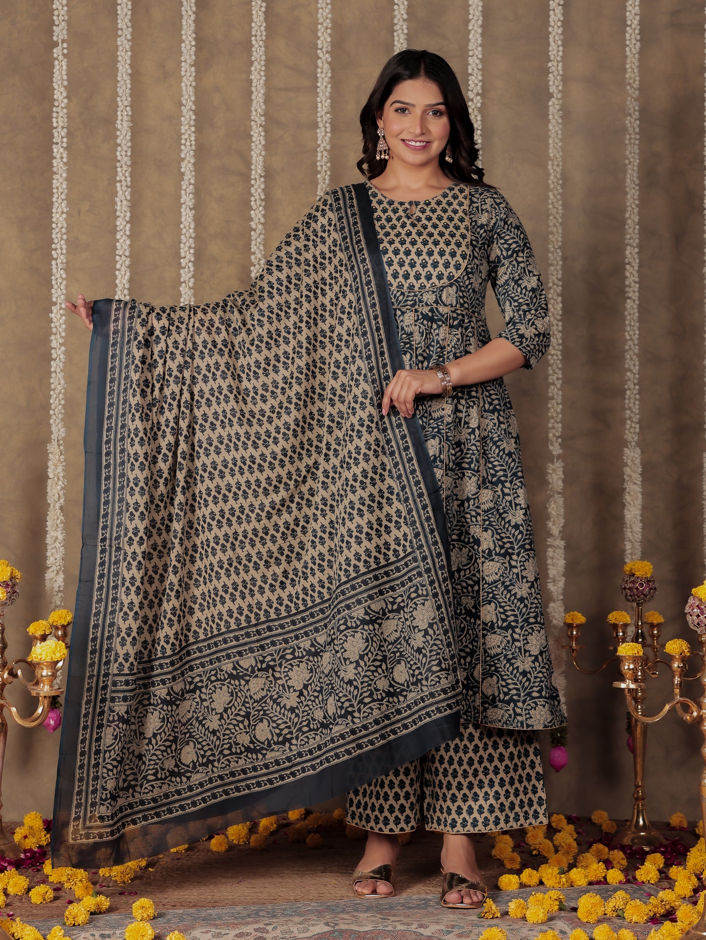 Soft Cotton Floral Anarkali Blue Kurta