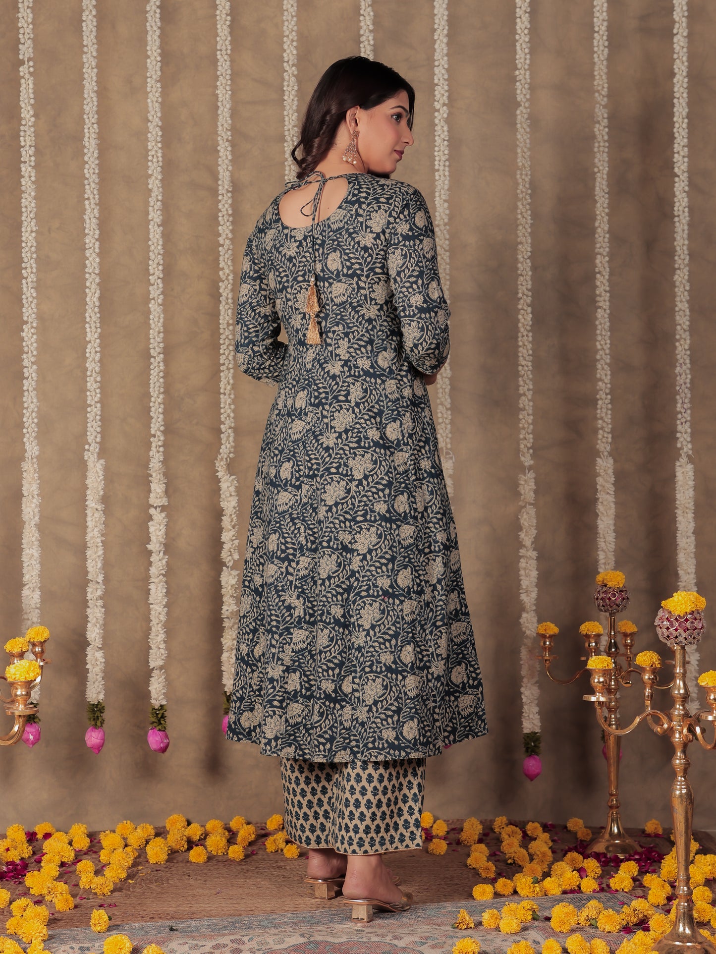 Soft Cotton Floral Anarkali Blue Kurta