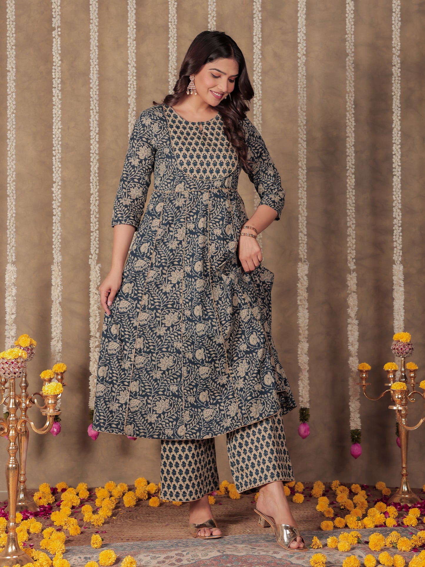 Soft Cotton Floral Anarkali Blue Kurta