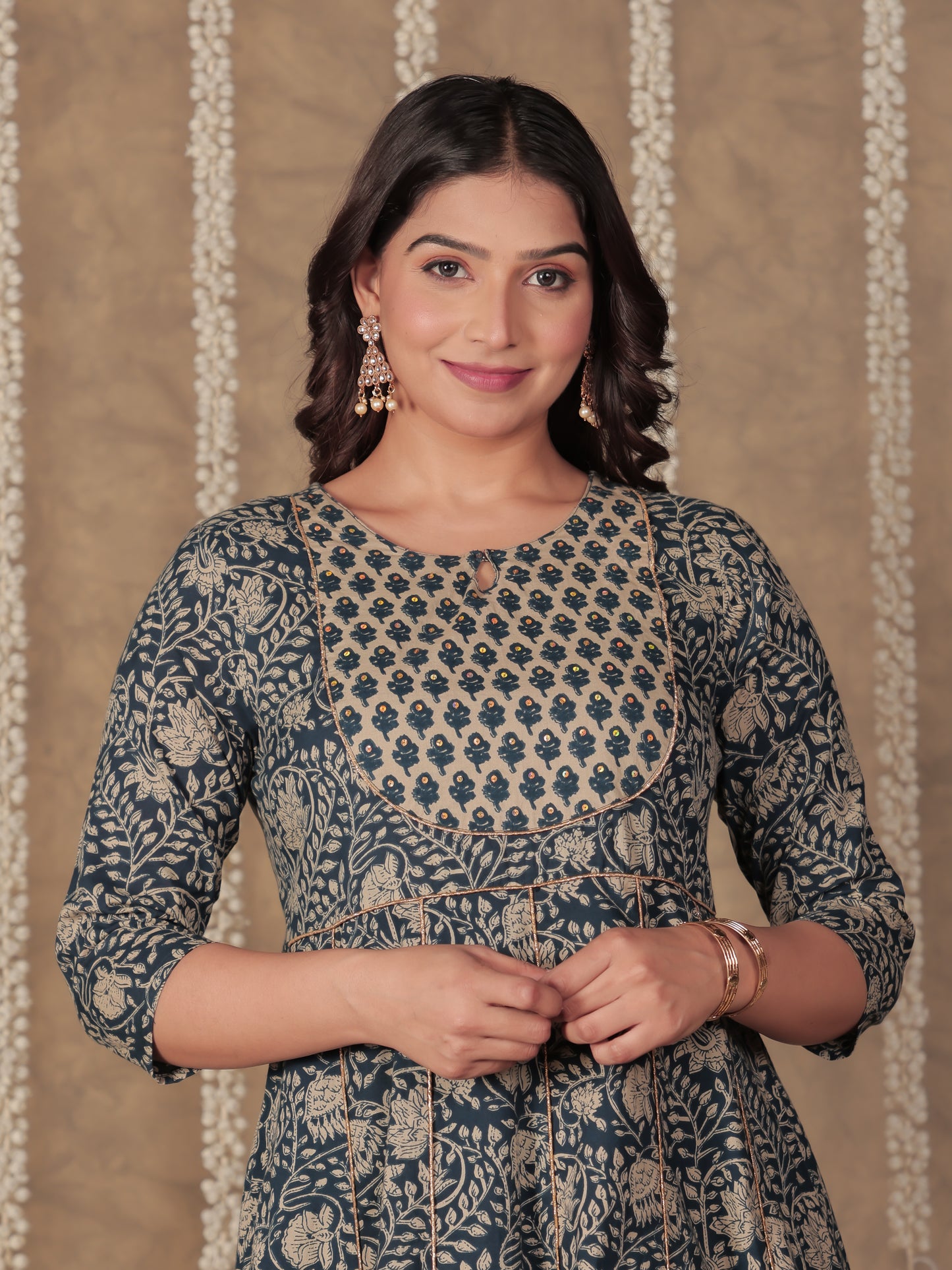 Soft Cotton Floral Anarkali Blue Kurta