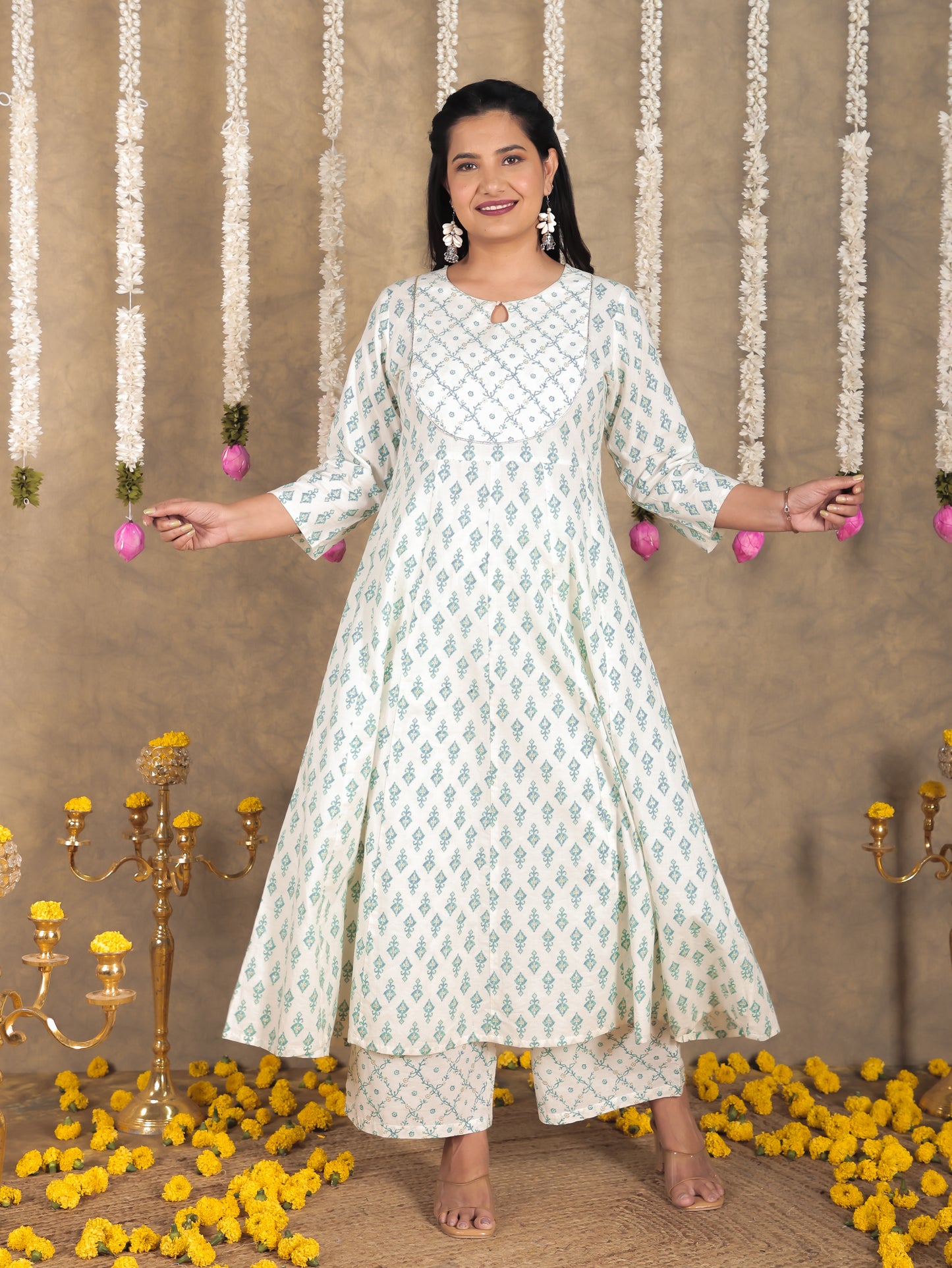 Soft Cotton Ikat Anarkali Green Kurta