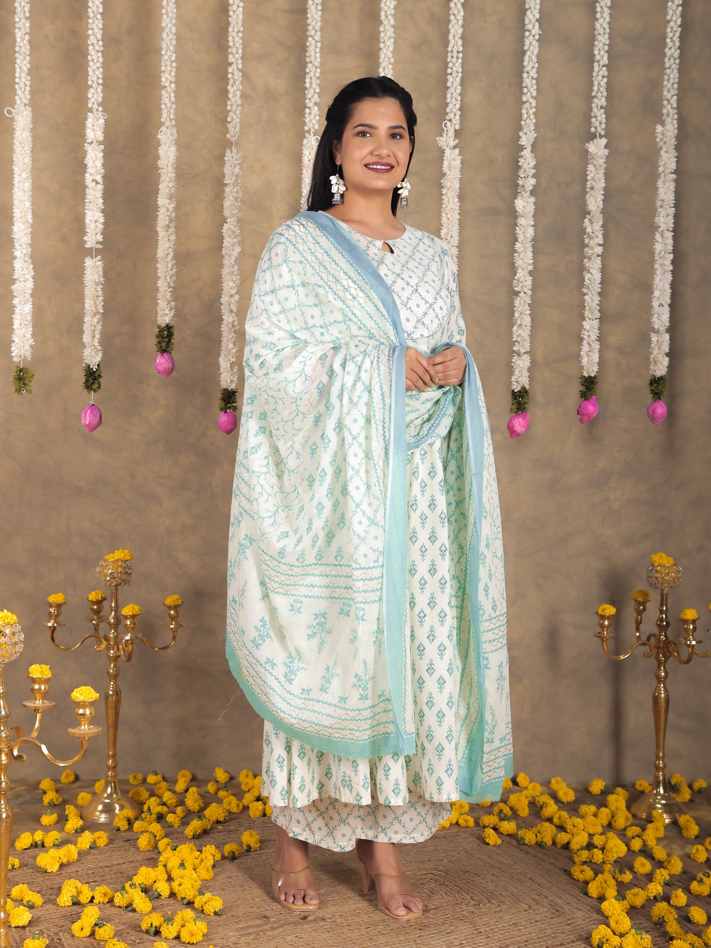 Soft Cotton Ikat Anarkali Green Kurta