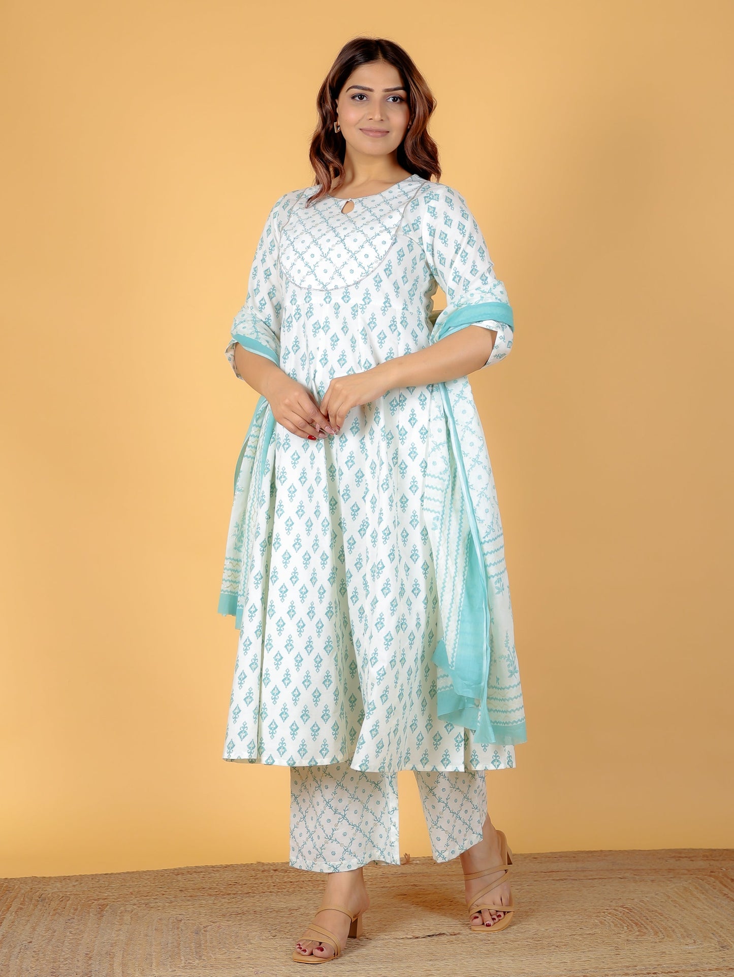Soft Cotton Ikat Anarkali Green Kurta