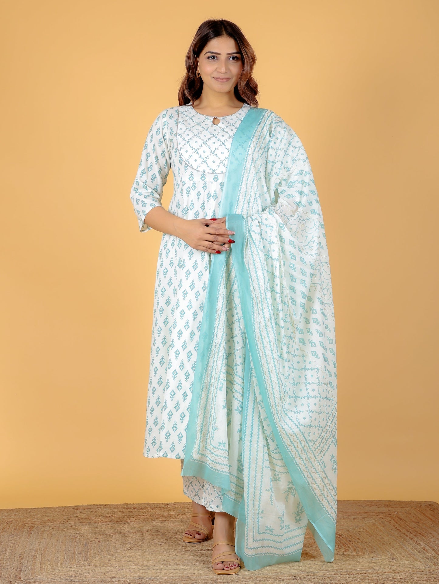 Soft Cotton Ikat Anarkali Green Kurta