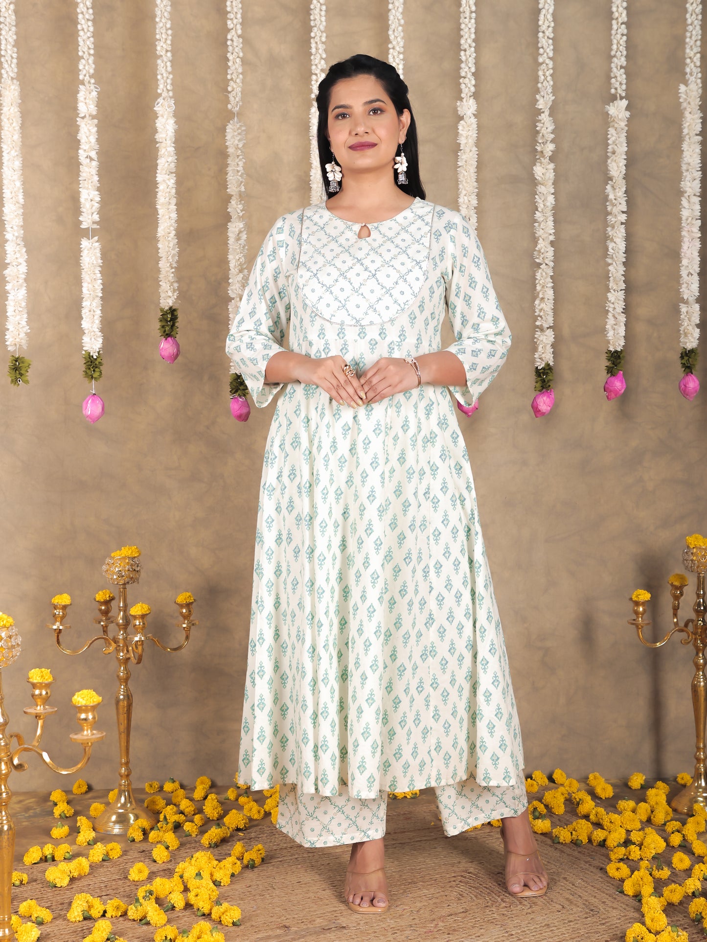 Soft Cotton Ikat Anarkali Green Kurta