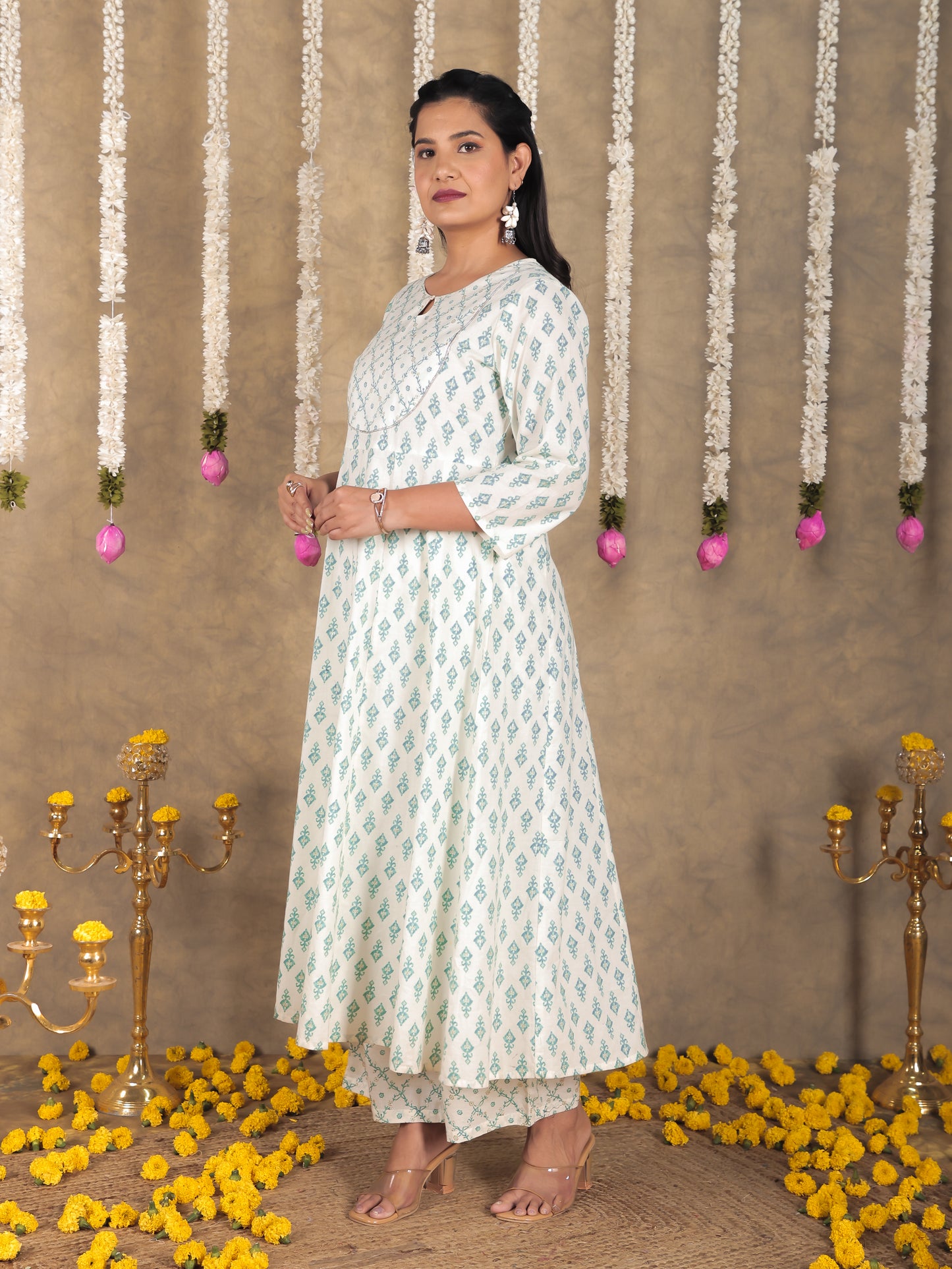 Soft Cotton Ikat Anarkali Green Kurta