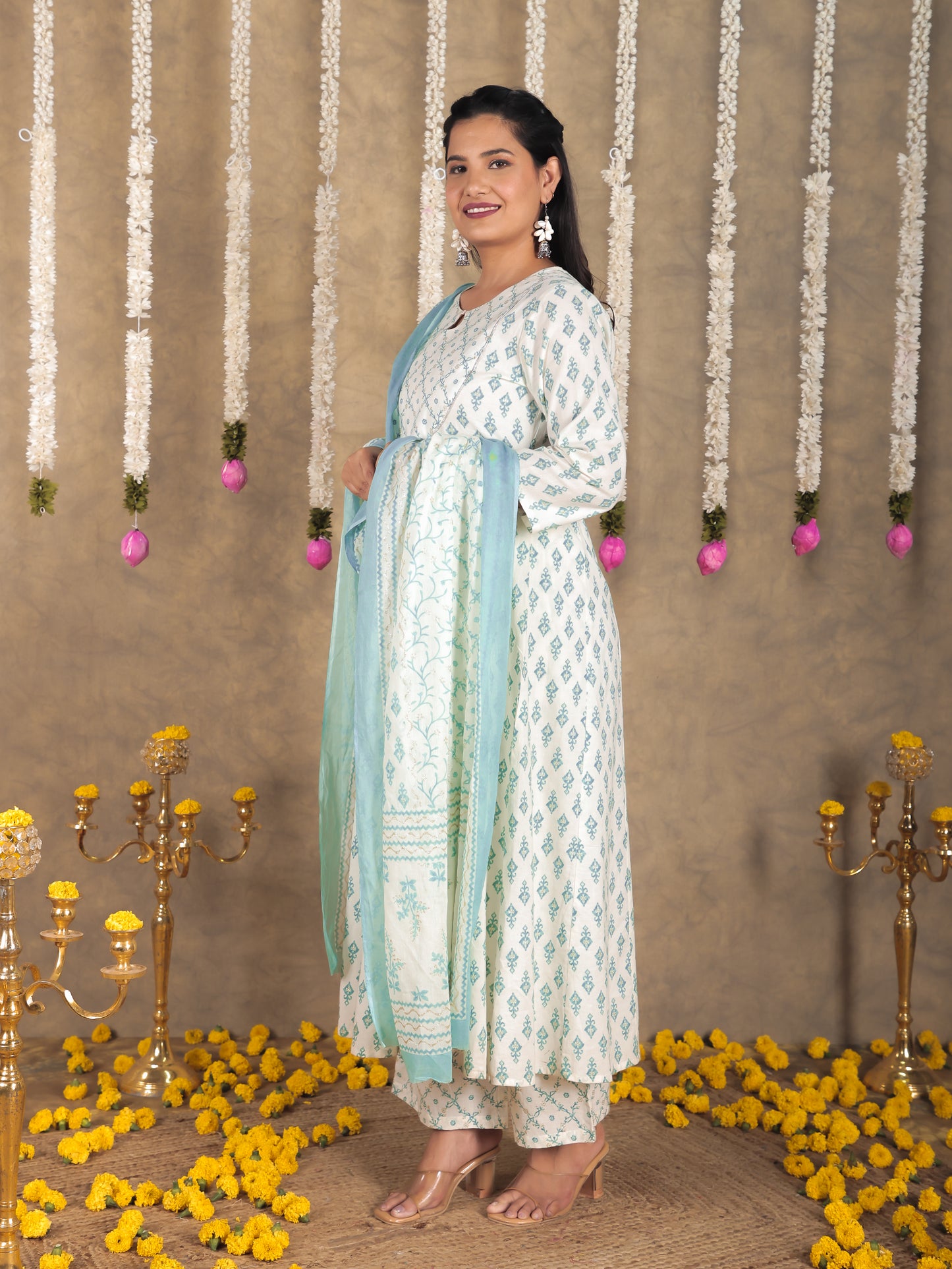 Soft Cotton Ikat Anarkali Green Kurta