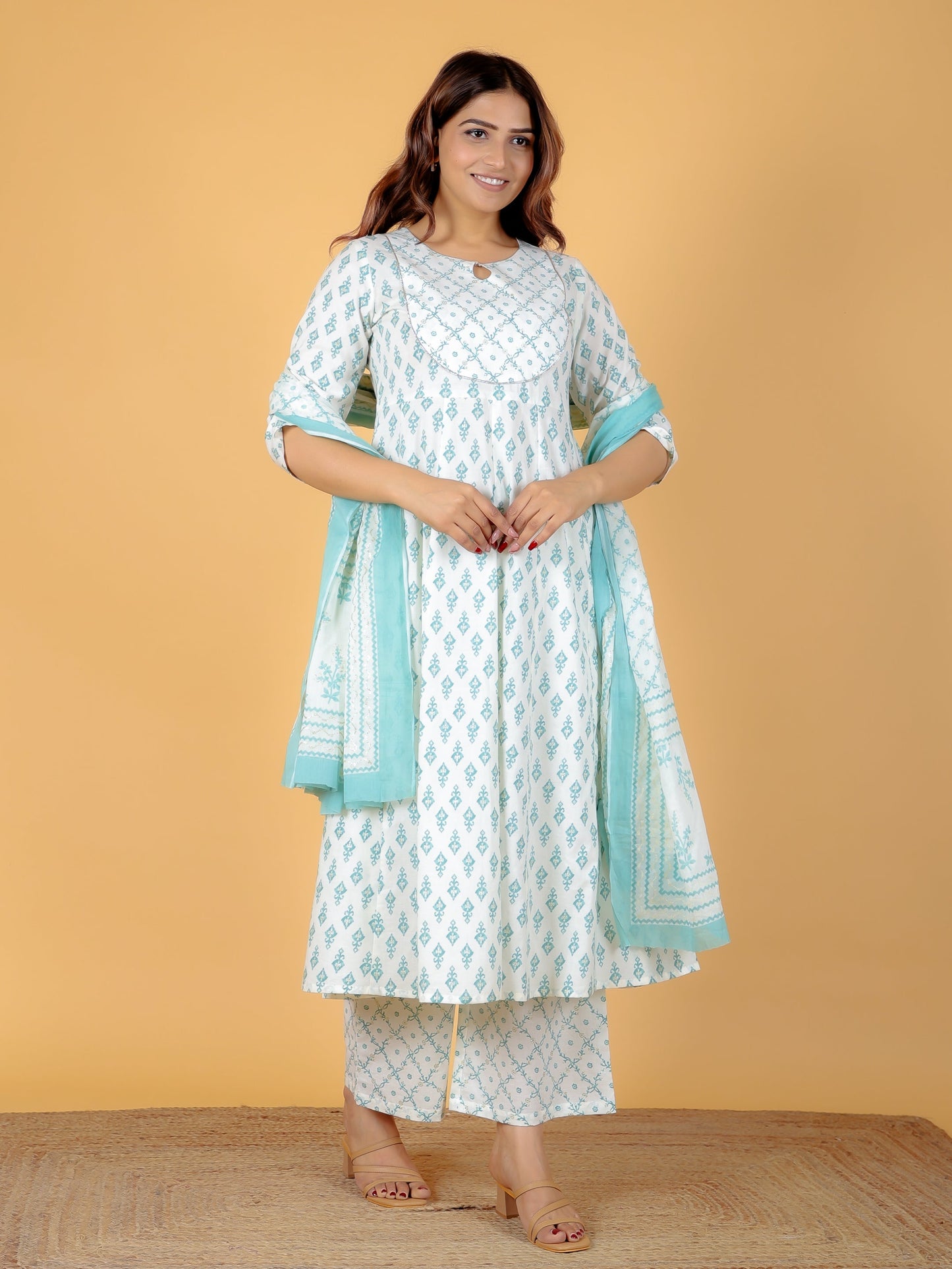 Soft Cotton Ikat Anarkali Green Kurta