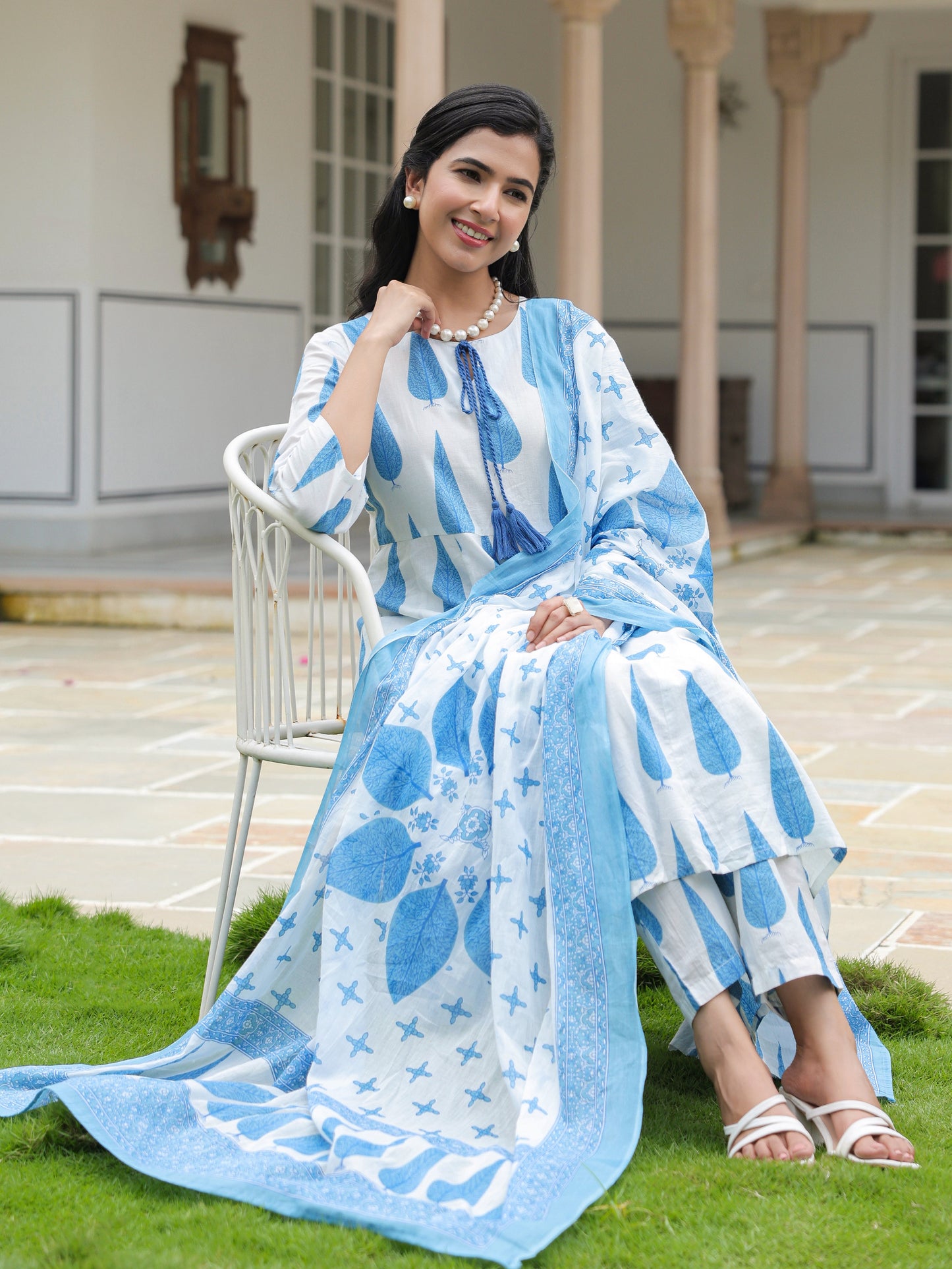 Soft Cotton Foliage Flared Blue Kurta