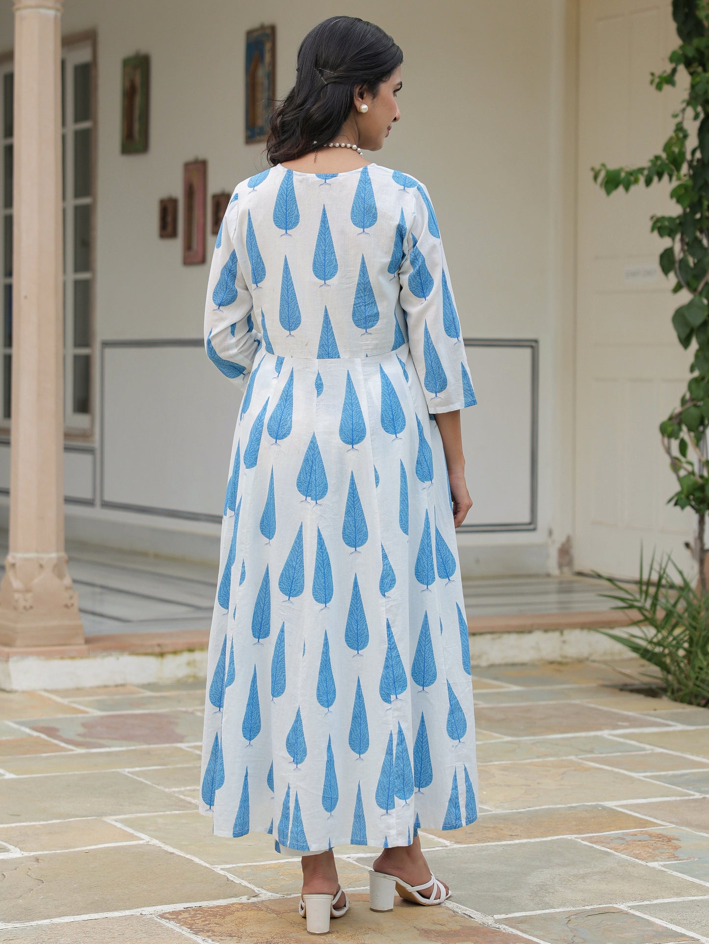 Soft Cotton Foliage Flared Blue Kurta