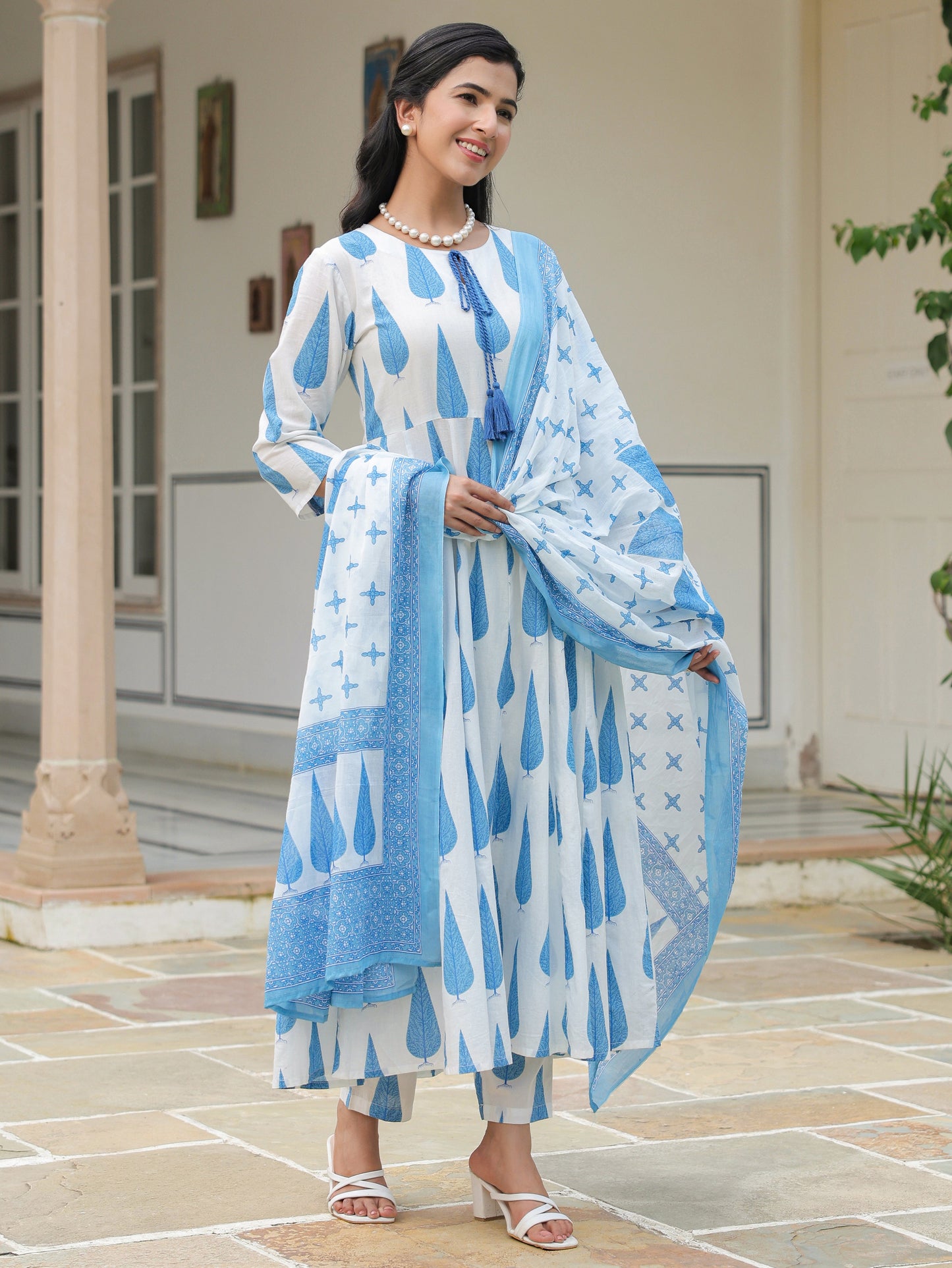 Soft Cotton Foliage Flared Blue Kurta