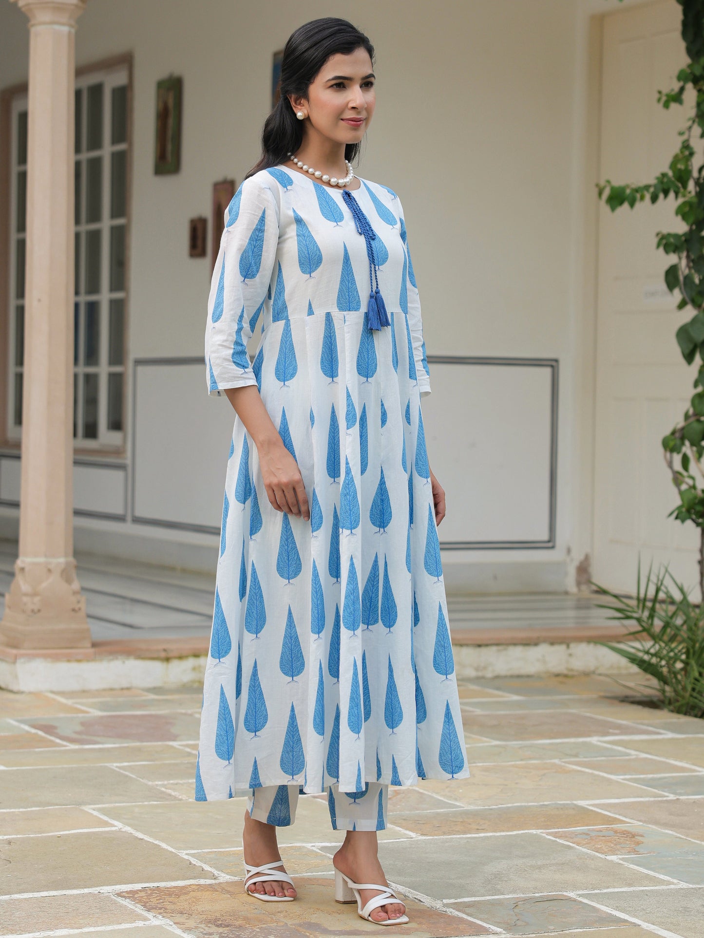 Soft Cotton Foliage Flared Blue Kurta
