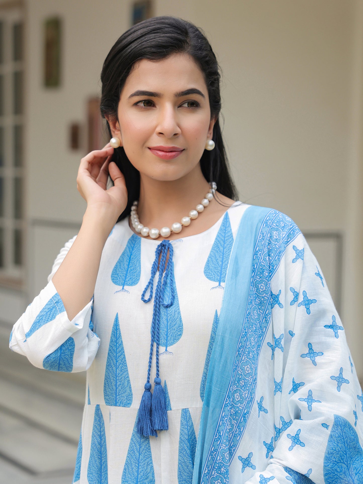 Soft Cotton Foliage Flared Blue Kurta