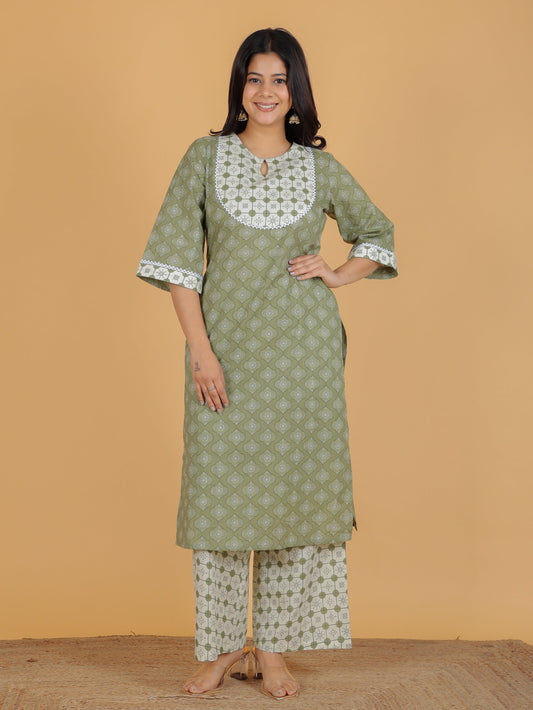 Soft Cotton Geometric Straight Green Kurta
