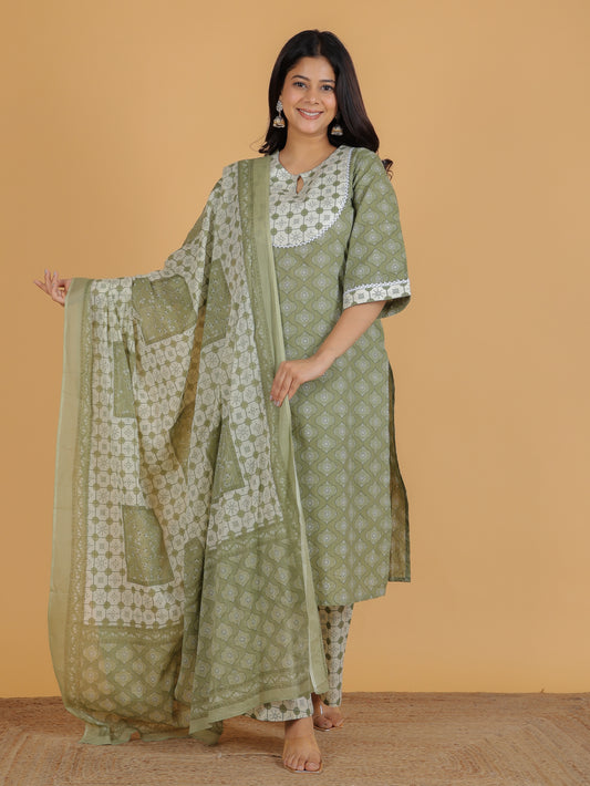 Soft Cotton Geometric Straight Green Kurta
