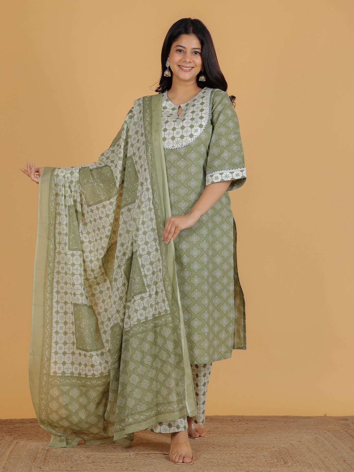 Cotton Voile Geometric Green Dupatta