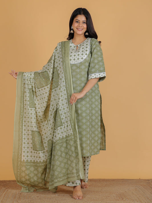 Cotton Voile Geometric Green Dupatta