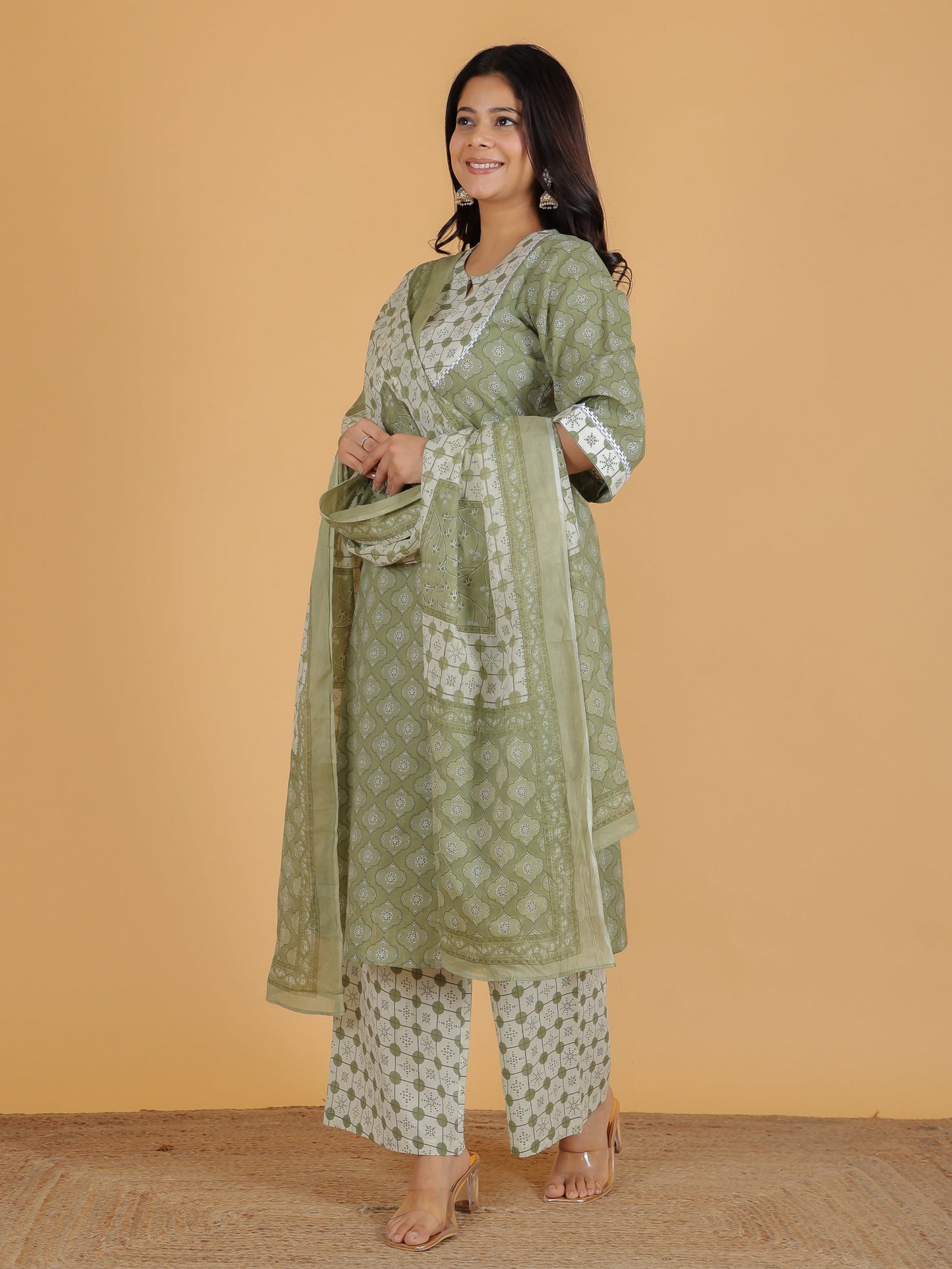 Cotton Voile Geometric Green Dupatta