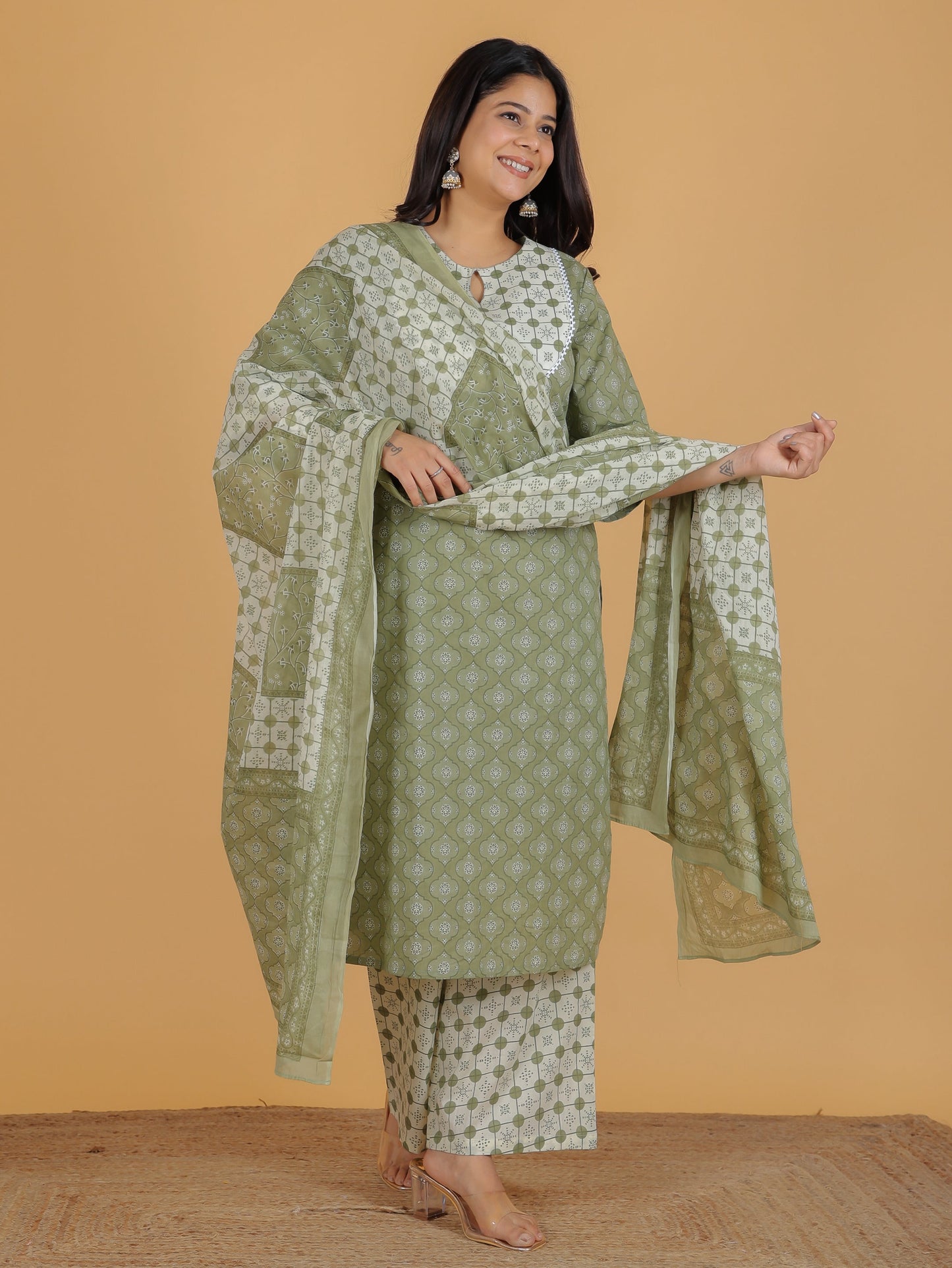 Cotton Voile Geometric Green Dupatta