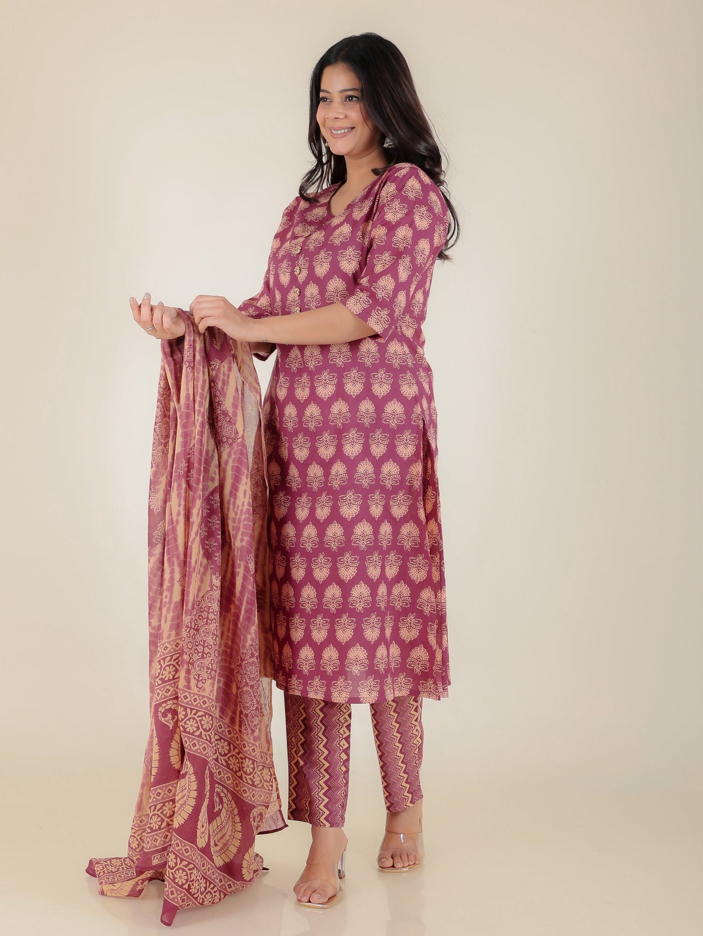 Soft Cotton Floral A-line Purple Kurta