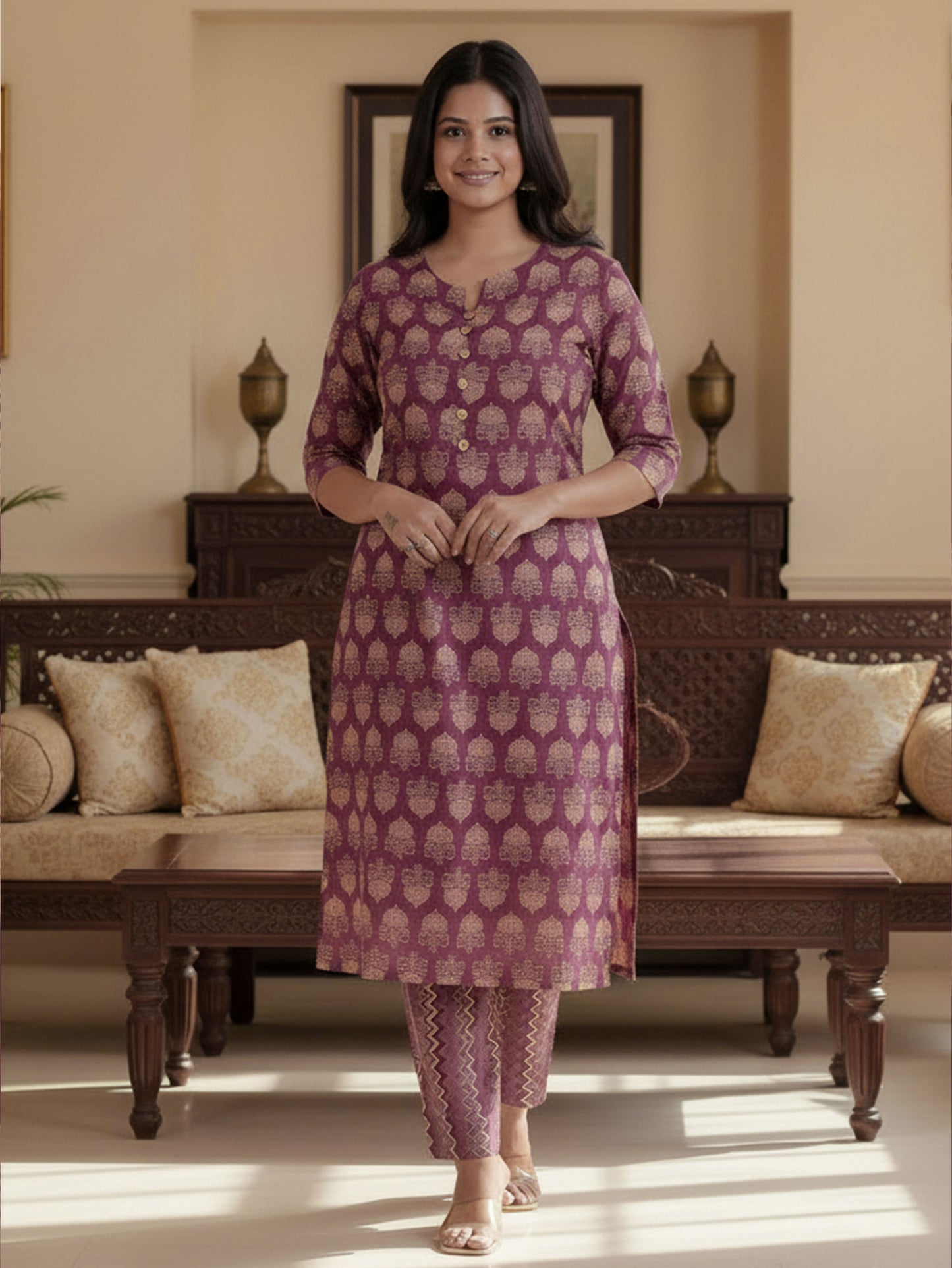 Soft Cotton Floral A-line Burnt Pink Kurta